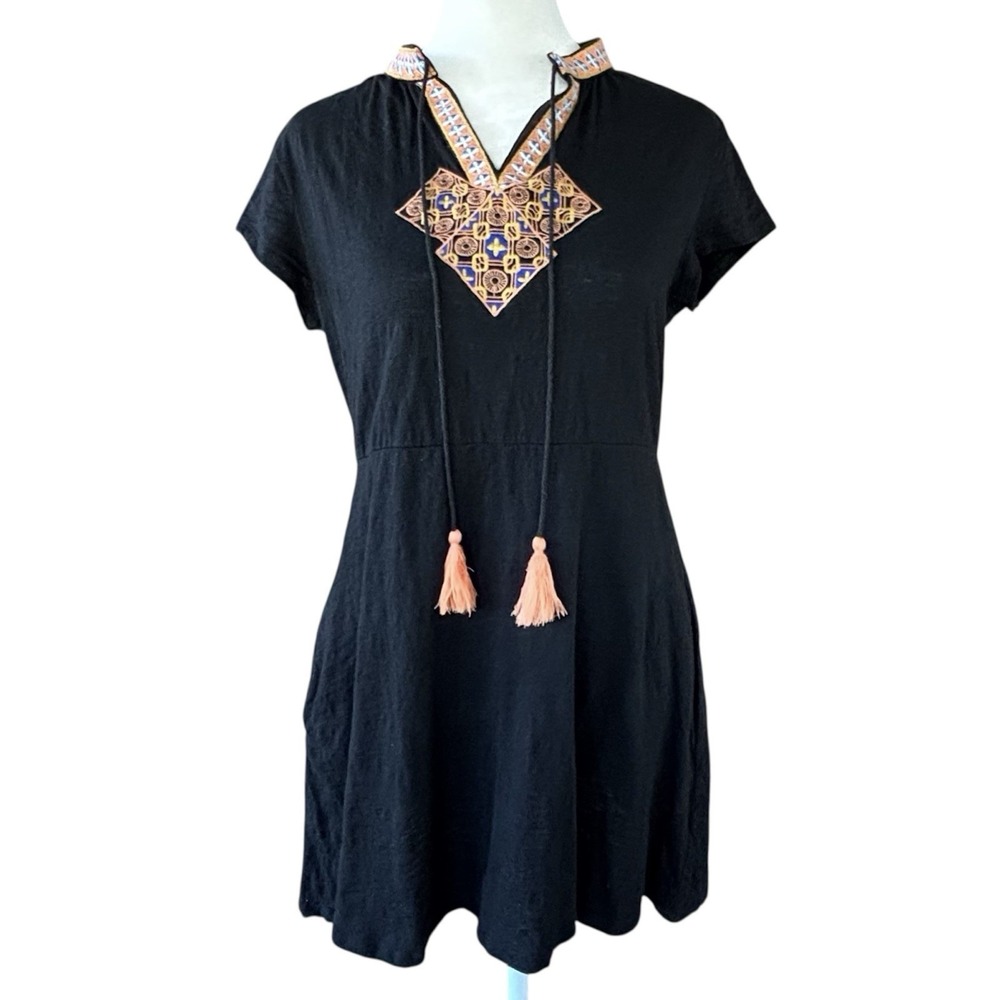 THML Anthropologie Black Embroidered Tassels Lightweight Mini Dress Womens M